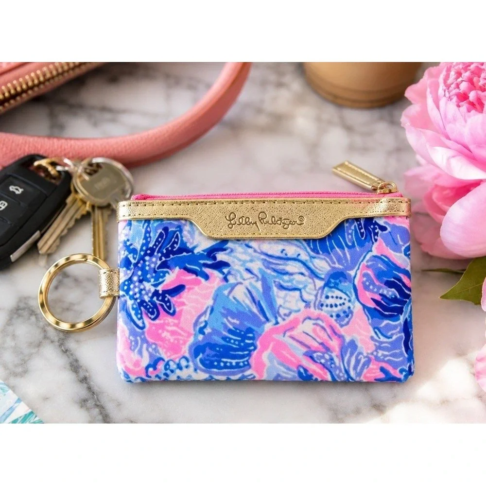 Lilly Pulitzer Keychain ID Wallet Coin Purse Card Holder Pink Blue Floral Gold